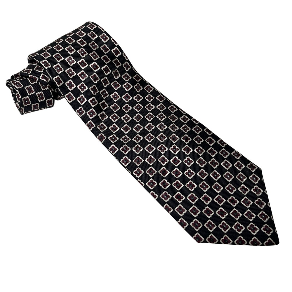 Brooks Brothers 100% Silk Black Red‎ White Geometric Print Tie Italy Classic 58"